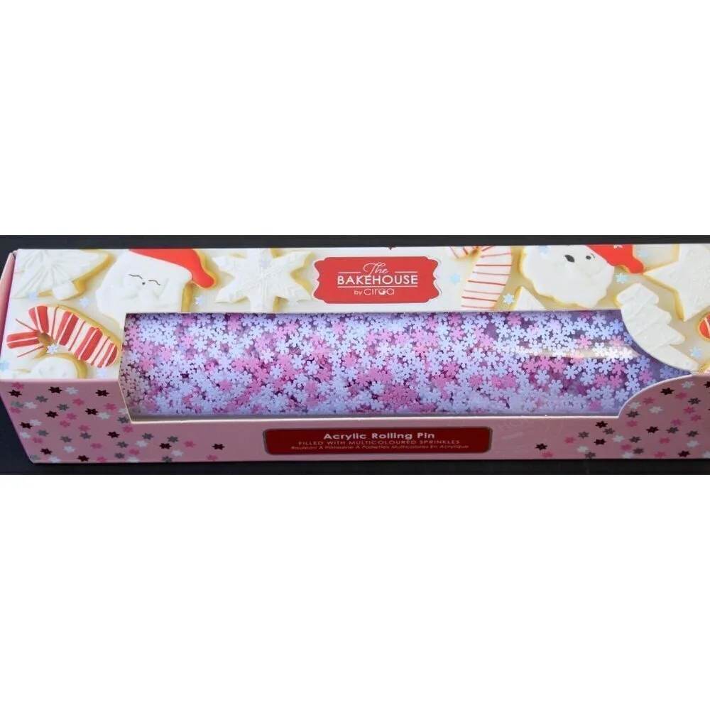 New White Pink Christmas Acrylic Rolling Pin W/ Snowflakes Baking Dough Roller